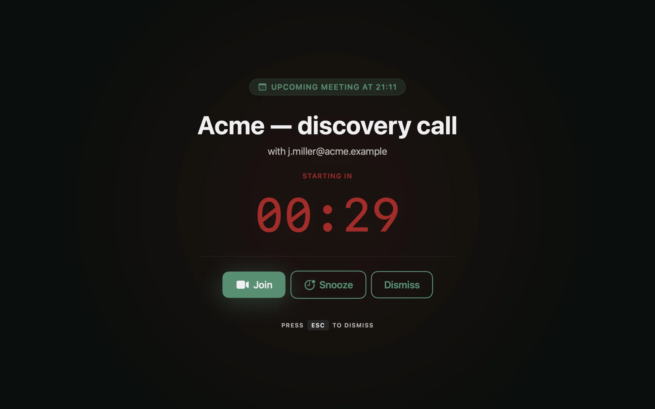 Unmissably overlay for an Acme discovery call, counting down 30 seconds to start.