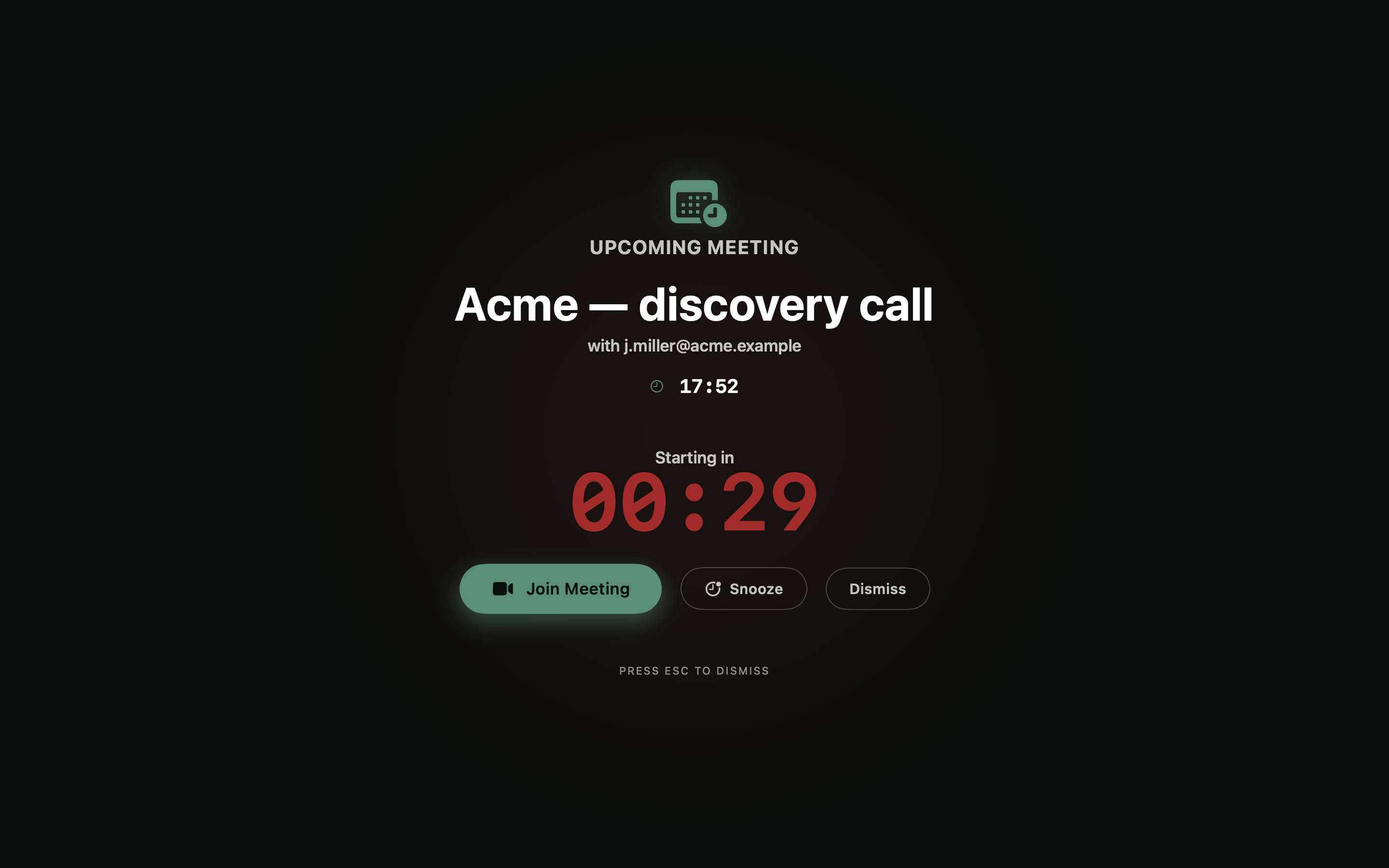 Unmissably overlay for an Acme discovery call, counting down 30 seconds to start.
