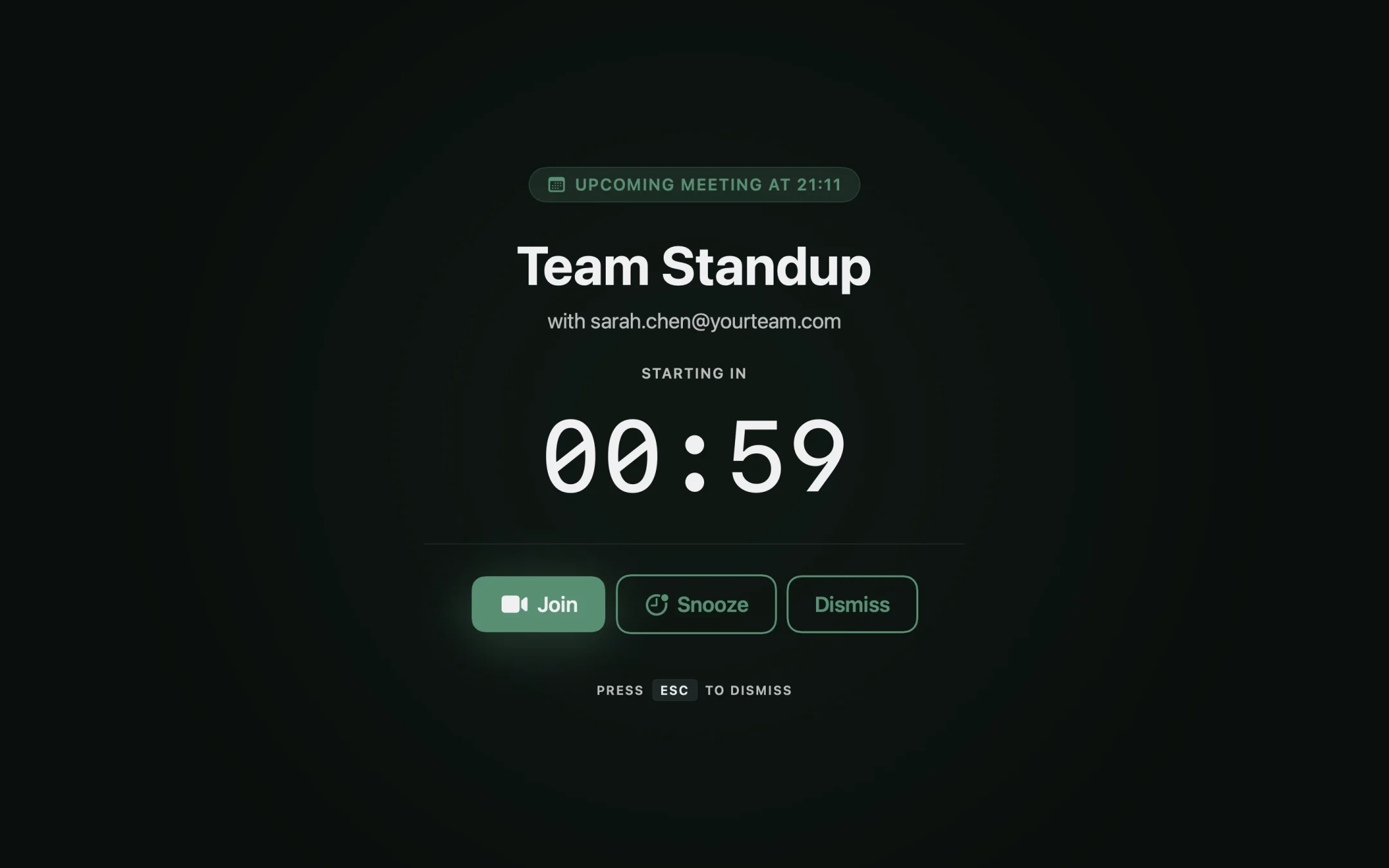 Unmissably overlay for a Team Standup meeting, counting down 59 seconds to start, with Join, Snooze, and Dismiss actions.