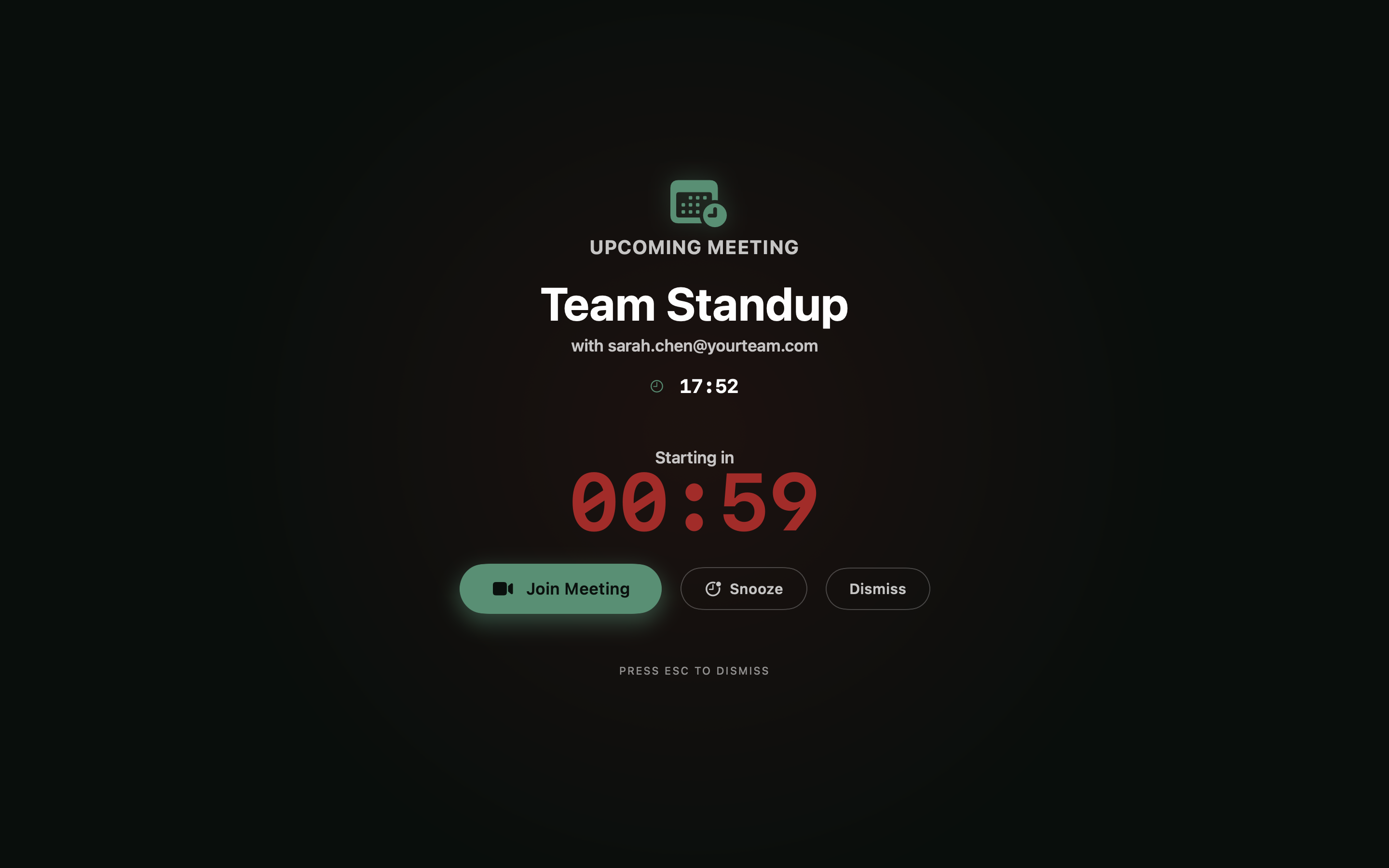 Unmissably overlay for a Team Standup meeting, counting down 59 seconds to start, with Join, Snooze, and Dismiss actions.